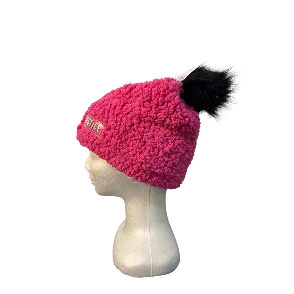 Justice Girls Hot Pink Sherpa Beanie Hat Black Faux Fur Pom Pom One Size NWT‎